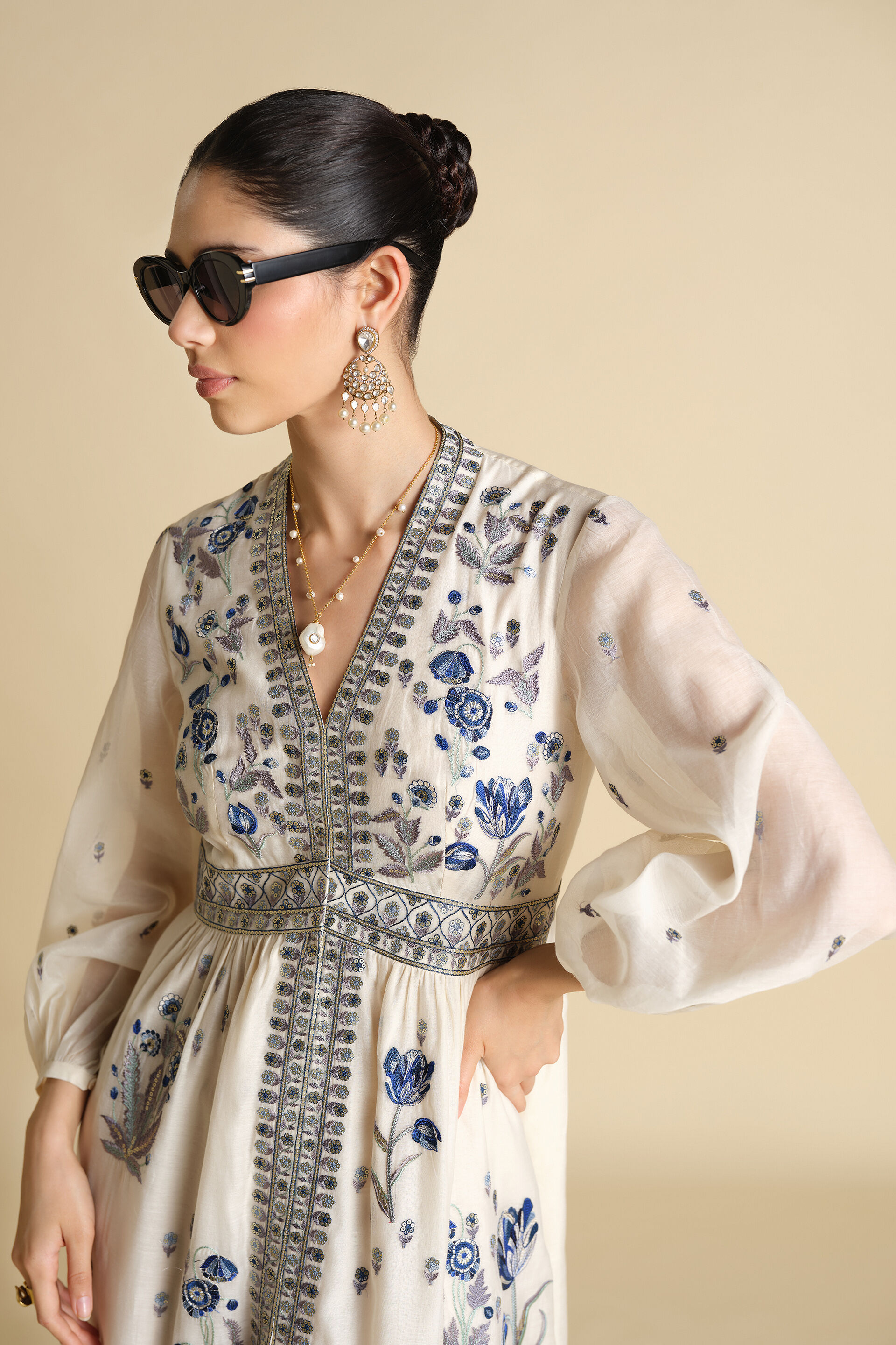 Aditha Embroidered Mul Kaftan - White, White, image 5